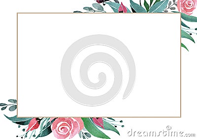 Ð¡omposition of flowers and buds of roses, twigs and green leaves on a white background with a rectangular frame. Stock Photo